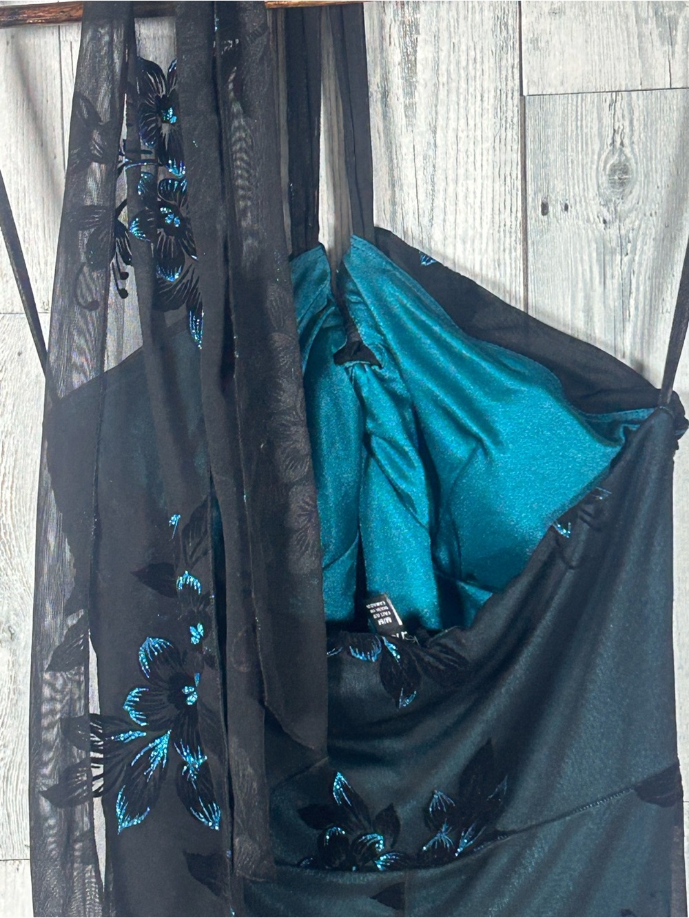 Y2K Le Château Black Teal Floral Mesh Midi Dress Scarf Ruched Goth Glam M - Picture 5 of 11